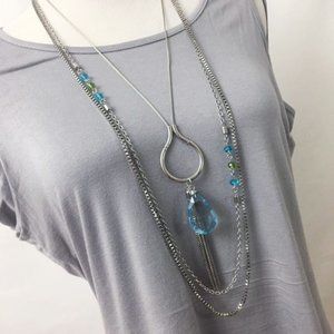 Long fashion necklace silver blue teal 24”